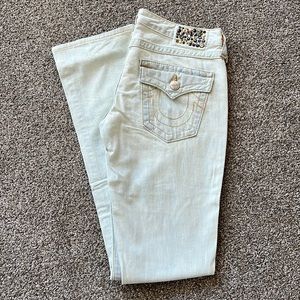 Bleach Washed True Religion Jeans with Rhinestones Flap Pocket Straight size 28